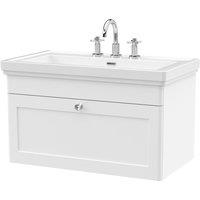 Nuie Classique 800mm Wall Hung 1-drawer Unit & Basin 3 Tap Holes - Satin White, White