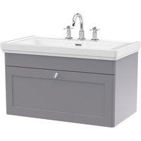 Nuie Classique 800mm Wall Hung 1-drawer Unit & Basin 3 Tap Holes - Satin Grey, Grey