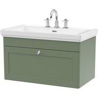 Nuie Classique 800mm Wall Hung 1-drawer Unit & Basin 3 Tap Holes - Satin Green, Green
