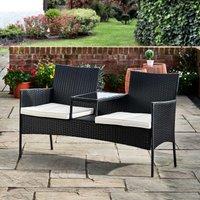 Teamson Home Outdoor Wicker Loveseat Bench with Table and Cushions Black, Black