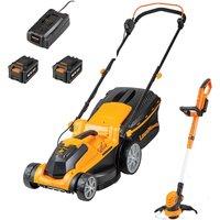 LawnMaster MX 24V 37cm Cordless Lawnmower and Grass Trimmer Set with 2 battery packs, Orange