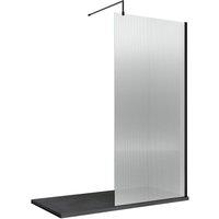 Nuie 900mm Fluted Wetroom Screen With Support Bar - Matt Black
