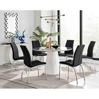 Furniture Box Palma White Marble Effect Round Dining Table and 6 Black Isco Chairs