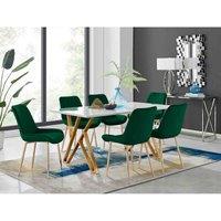 TARANTO White Gloss & Gold Rectangular Geometric Dining Table & 6 Velvet Chairs