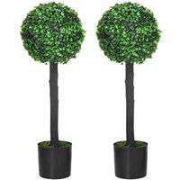 HOMCOM Set Of 2 Potted Artificial Plants Boxwood Ball Trees 60cm, Green