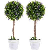 HOMCOM Set Of 2 Potted Artificial Plants Ball Tree with Lavender Flowers 60cm, Green
