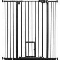 Pawhut Extra Tall Wide Dog Gate With Cat Flap 104cmh X 74-101cmw Black, Black