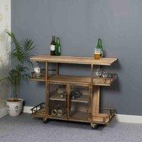 IH Design Natural Wood And Metal Bar Cart Wine Trolley With Double Door Storage, Brown