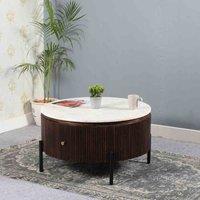 IH Design Luxor Mango Wood Round Fluted Coffee Table With Marble Top & Metal Legs, Brown
