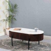 IH Design Luxor Mango Wood Rectangular Fluted Coffee Table With Marble Top & Metal Legs, Brown