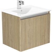 Newland 600mm Wall Hung Double Door Large Ceramic Basin Unit - Natural Oak, Brown