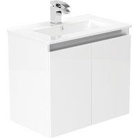 Newland 600mm Wall Hung Double Door Ceramic Basin Unit - White Gloss, White
