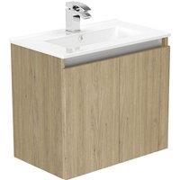 Newland 600mm Wall Hung Double Door Ceramic Basin Unit - Natural Oak, Brown