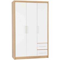 Seconique Seville 3 Door 2 Drawer Wardrobe - White Gloss Light Oak Effect Veneer, White
