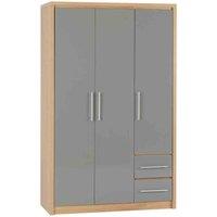 Seconique Seville 3 Door 2 Drawer Wardrobe - Grey Gloss Light Oak Effect Veneer, Grey