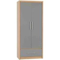 Seconique Seville 2 Door 1 Drawer Wardrobe - Grey Gloss Light Oak Effect Veneer, Grey