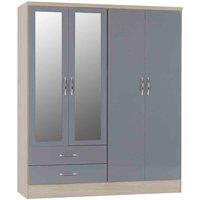 Seconique Nevada 4 Door 2 Drawer Wardrobe - Grey Gloss Light Oak Effect Veneer, Grey