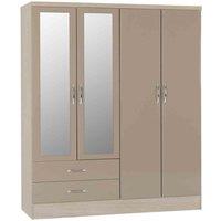 Seconique Nevada 4 Door 2 Drawer Wardrobe - Oyster Gloss Light Oak Effect Veneer, Brown