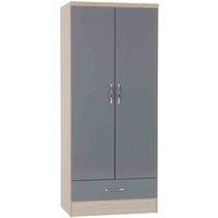Seconique Nevada 2 Door 1 Drawer Wardrobe - Grey Gloss Light Oak Effect Veneer, Grey