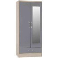 Seconique Nevada Mirrored 2 Door Wardrobe - Grey Gloss Light Oak Effect Veneer, Grey