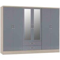 Seconique Nevada 6 Door 2 Drawer Wardrobe - Grey Gloss Light Oak Effect Veneer, Grey