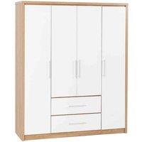 Seconique Seville 4 Door 2 Drawer Wardrobe - White Gloss Light Oak Effect Veneer, White