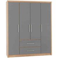 Seconique Seville 4 Door 2 Drawer Wardrobe - Grey Gloss Light Oak Effect Veneer, Grey