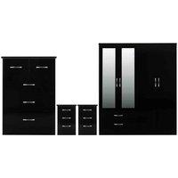 Seconique Nevada 4 Door 2 Drawer Wardrobe Bedroom Set - Black Gloss, Black