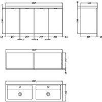 Hudson Reed Fusion 1200Mm Wall Mounted 4 Door Vanity Unit & Double Basin - Grey Woodgrain, Grey