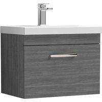 Nuie Athena 600 Wall Hung Single Drawer Vanity & Mid-edge Basin - Grey Woodgrain, Grey