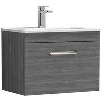 Nuie Athena 600 Wall Hung Single Drawer Vanity & Minimalist Basin - Grey Woodgrain, Grey