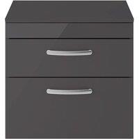 Nuie Athena 600 Wall Hung 2-drawer Vanity & Worktop - Gloss Grey, Grey