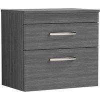 Nuie Athena 600 Wall Hung 2-drawer Vanity & Worktop - Grey Woodgrain, Grey