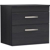 Nuie Athena 600 Wall Hung 2-drawer Vanity & Worktop - Black Woodgrain, Black