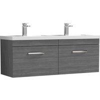 Nuie Athena 1200 Wall Hung 2-drawer Vanity & Polymarble Double Basin - Grey Woodgrain, Grey