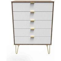 Welcome Furniture Ready Assembled Linear 5 Drawer Chest In White Matt & Vintage Oak, White