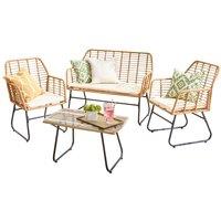 Neo 4 Piece Wicker Bamboo Style Garden Sofa, Table & Chairs Set, Cream