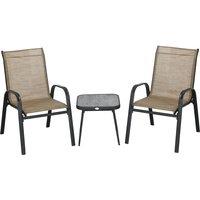 Outsunny 3 Pieces Outdoor Bistro Set, Patio Stackable Armchairs with Breathable Mesh Fabric and PSC Board Coffee Table, Brown, Brown