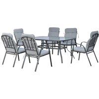 Outsunny 7 Piece Garden Dining Set with Umbrella Hole and Grey Cushions, Black