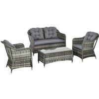 Outsunny 4 Pieces PE Rattan Wicker Sofa Set Outdoor Conservatory Furniture Lawn Patio Coffee Table w/ Cushion - Grey, Grey