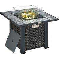 Outsunny Outdoor PE Rattan Gas Fire Pit Table, Patio Square Propane Heater with Marble Desktop, Rain Cover, Glass Windscreen, and Glass Stones, 50,000 BTU, Black, Black