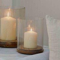Ivyline Amelia Ribbed Glass Wooden Candle Holder H19.5cm D16cm, Brown