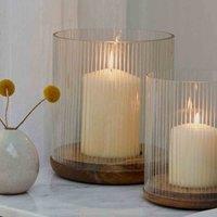 Ivyline Amelia Ribbed Glass Wooden Candle Holder H23cm D20cm, Brown