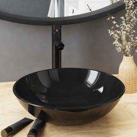 vidaXL Bathroom Sink with Tap and Push Drain Black Tempered Glass, Black