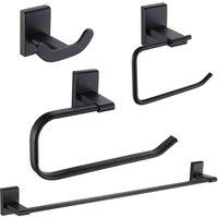Showerdrape Unity Black 4Pc Bathroom Accessory Set double Robe Hook Toilet Roll Holder Towel Ring Towel Rail , Black