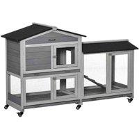PawHut Wooden Rabbit Hutch, Guinea Pig Cage w/ Wheels, Slide-Out Tray, Ramp Light Grey, Grey