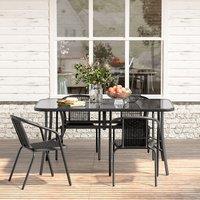 LivingandHome Living and Home Metallic and Tempered Glass Garden Table with 72cm Rattan Stacking Garden 4 Chairs Set, Black