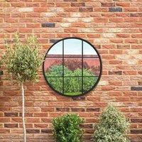 MirrorOutlet Circulus - Black Metal Frame Round Window Outdoor Garden Wall Mirror 31"x31" 80 x 80CM, Black
