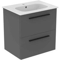 Ideal Standard I.life A 60Cm Matt Quartz Grey Wall Hung Vanity Unit 64Cm White Vanity Basin And Black Handle Pack, Grey