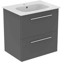Ideal Standard I.life A 60Cm Matt Quartz Grey Wall Hung Vanity Unit 64Cm White Vanity Basin And Chrome Handle Pack, Grey